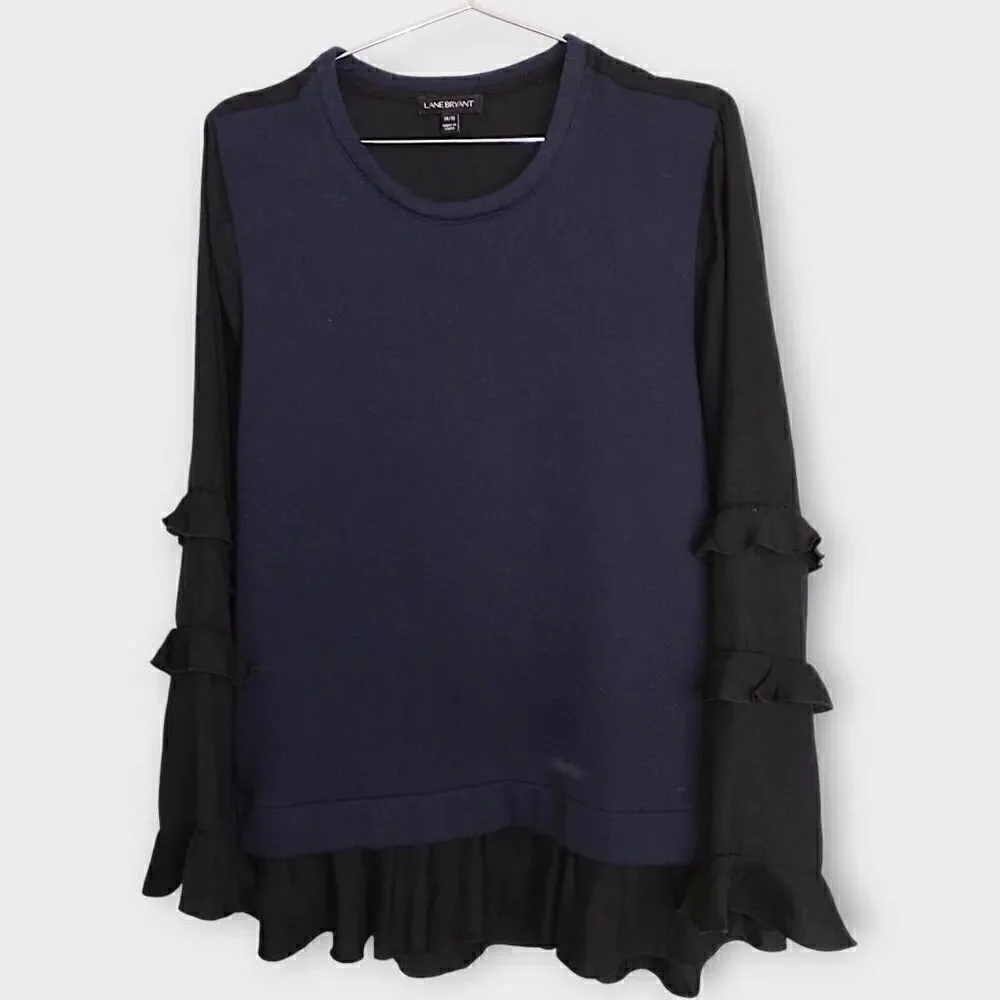 Lane Bryant Womens Top Sz 14-16 Long Ruffle Sleeves Navy Black Pullover Bohemian